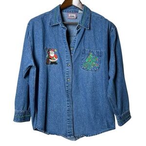 Vintage Women's Large Premier Embroidered Christmas 90s Denim Shirt Tree Santa